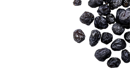 A close up view of a pile of dark raisins isolated on white background