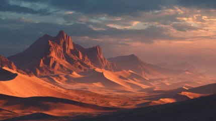 Majestic Mountain Range Bathed in Golden Sunset with Textured Sandy Dunes Under Dramatic Cloudy Sky