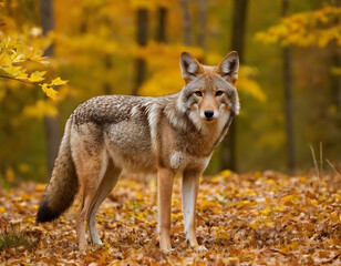 A coyote in nature during the fall. A natural forest background. gray coyote in the woods.