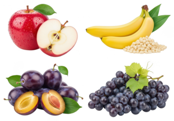 Red apple half bananas pine nuts plums and dark grapes on fruit healthy