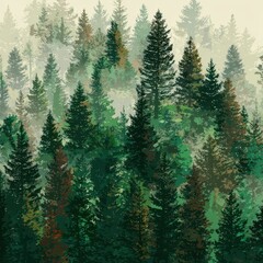 Fototapeta premium Misty forest scene of towering evergreens.