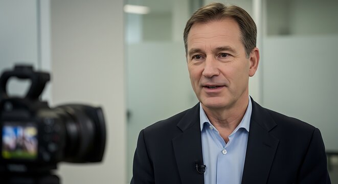 Businessman in navy suit being interviewed with camera in foreground - Powered by Adobe