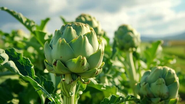 A large artichoke farm with rows of lush, vibrant green artichoke plants, bountiful harvest ready for picking on a sun-drenched summer day, agriculture and harvest concept.