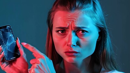 Portrait of an upset woman with a broken phone screen, expressing frustration and concern, isolated on a studio background with blue and red light, showing the damage - Powered by Adobe