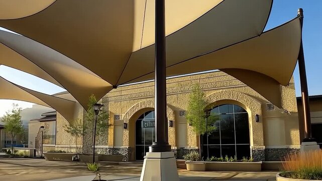 Outdoor patio area with beige shade structures and a light tan building