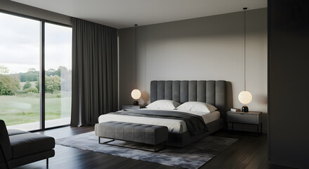Elegant modern bedroom interior with a grey upholstered bed, panoramic window overlooking a lush green landscape, and minimalist decor.