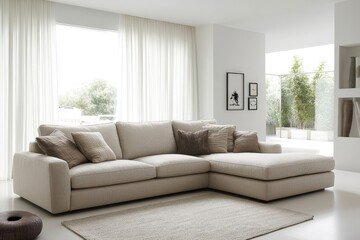 Fototapeta premium Modern living room with a beige sofa, offering a minimalist design that emphasizes comfort and style. Created with, Generative AI