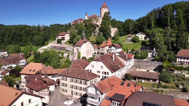 Swiss charming village Lucens medieval castle Switzerland aerial drone Europe