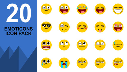 20 Expressive Emoticon Icons, Emotion Face Vector Pack