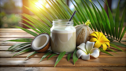 Tropical Coconut Smoothie in Jar with Flowers and Palm Leaves on Wooden Table. Healthy Summer Drink, Refreshing Beverage, Vegan Diet, Exotic Vacation