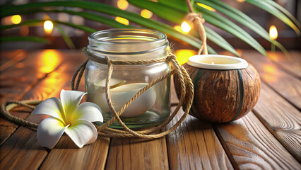 Tranquil Spa Still Life: Candlelight, Plumeria Blossom, and Natural Wood for Wellness, Relaxation, and Serene Ambiance