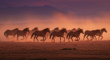 Wild Horses Galloping at Sunset in Dusty Plains