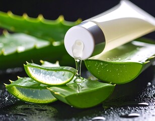 Aloe vera gel pouring from tube onto leaves