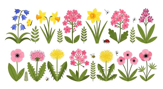 Fototapeta Spring floral elements with insects and butterflies flowers nature