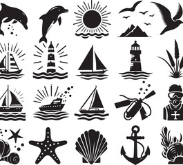 Vintage vector set of nautical and pirate sea travel icons with ship, boat, sun, and lighthouse illustrations, perfect for summer beach vacation patterns or ocean sketches