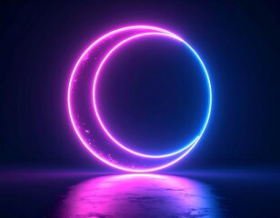 Glowing neon circle, pink and blue hues, reflective surface