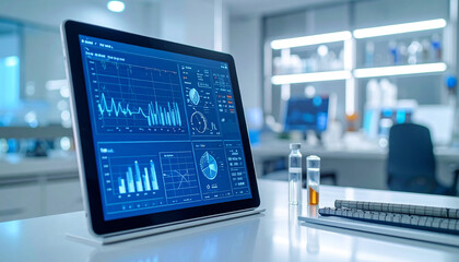 Digital Innovation: The focus is on a modern touchscreen device revealing complex data, surrounded by an environment that suggests cutting-edge science and technological research.