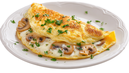 Frittata with mushrooms and cheese.  A single, golden-brown,  filled omelette sits on a white plate.  Parsley garnish