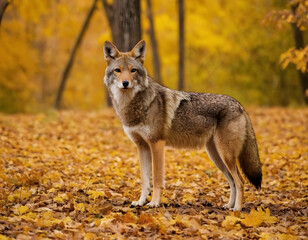 Fototapeta premium A coyote in nature during the fall. A natural forest background.