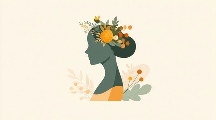 Profile view of a woman with a floral headpiece.
