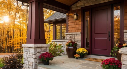 Fall home entrance design ideas with front door and autumn flowers for curb appeal and home improvement