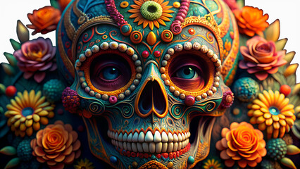 An intricately decorated sugar skull with vibrant colors and floral embellishments, symbolizing the day of the dead isolated on transparent background