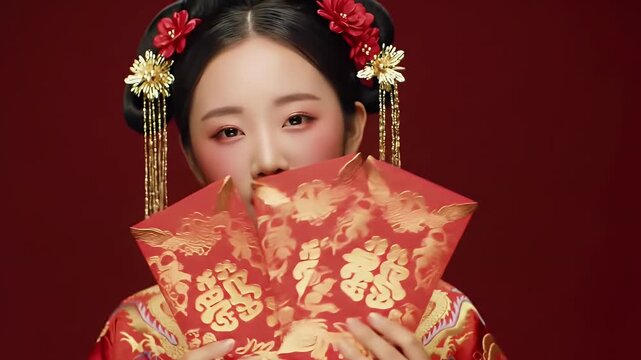 Smiling Woman in Traditional Red Chinese Dress Holding Red Envelopes with Ornate Golden Designs on a Festive Red