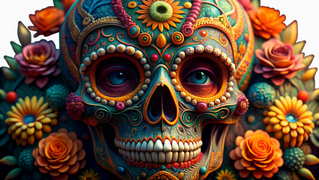 An intricately decorated sugar skull with vibrant colors and floral embellishments, symbolizing the day of the dead isolated on transparent background