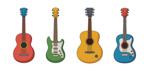 Four colorful electric and acoustic guitars arranged side by side