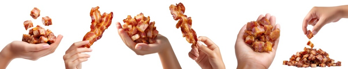 Set of hand holding bacon, streaky fried crispy meat salt-cured pork, in strips slice cube bit pieces isolated on transparent cutout PNG. Mockup template for artwork design	
