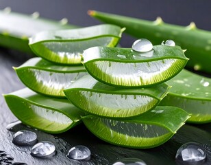 Aloe vera slices stacked on a dark surface