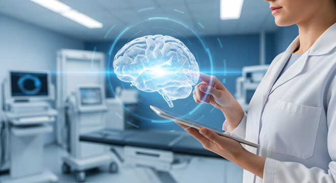 Doctor Holding Tablet with Digital Brain and Health Data, Modern Medical Concept