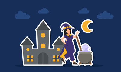 Witch brewing potion in a cauldron near a castle illustration of appreciation for Halloween celebration