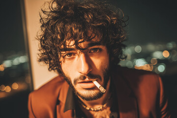 Curly haired man smoking cigarette at night