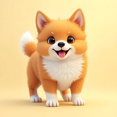 Obraz premium A cartoon shiba inu dog with orange and white fur standing on a yellow background and smiling happily