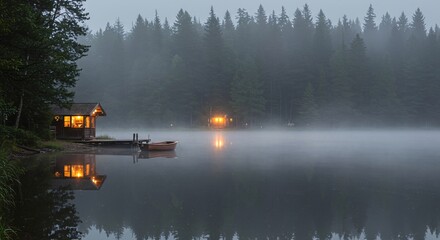 Fototapeta premium Lake Cabin Illuminated in the Fog with Reflections and Forest Silence