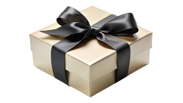 A luxurious gold gift box with a black satin ribbon and bow, isolated on a transparent background