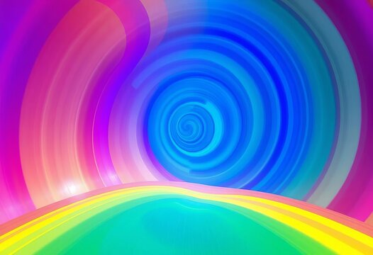 Vibrant rainbow backdrop with hypnotic blue spiral optical illusion, expanding outwards, color, abstract