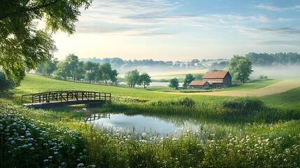 Idyllic rural landscape with a wooden bridge over a stream leading to a farmhouse