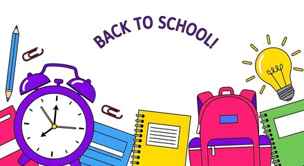Back to school illustration with alarm clock backpack and school supplies