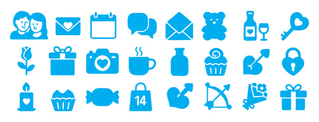 Set of Blue Icons Depicting Love, Relationships, and Romantic Concepts