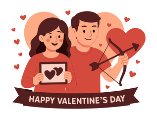 Happy Valentine's Day Celebration with Couple and Romantic Illustration