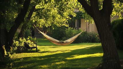 Relaxing hammock hanging between trees in a sunny garden