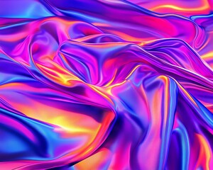 Obraz premium Chrome fluid dynamics visual Vibrant, iridescent fabric with flowing textures in shades of purple, pink, and gold. Futuristic fluid wave 3D render