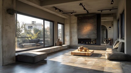 Modern Living Room Minimalist Slate Industrial Italian Style Sunny Weather Vibrant Accents Crisp Details Radiant Lighting Elegant Design Luxurious Ambiance (AI-Generated)