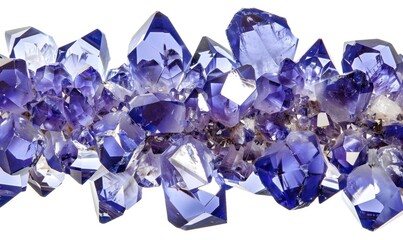 Fototapeta premium Vibrant purple crystal cluster close up with sharp facets on white background
