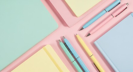 Pastel colored notebooks and pens arranged on a pink surface