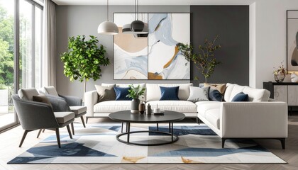 Modern Living Room Interior Design with Abstract Art and Geometric Rug