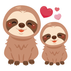 お座りした笑顔のナマケモノの親子イラスト