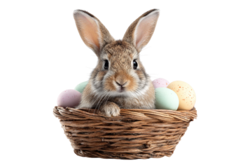 Cute easter bunny in a basket with colorful eggs isolated on transparent background